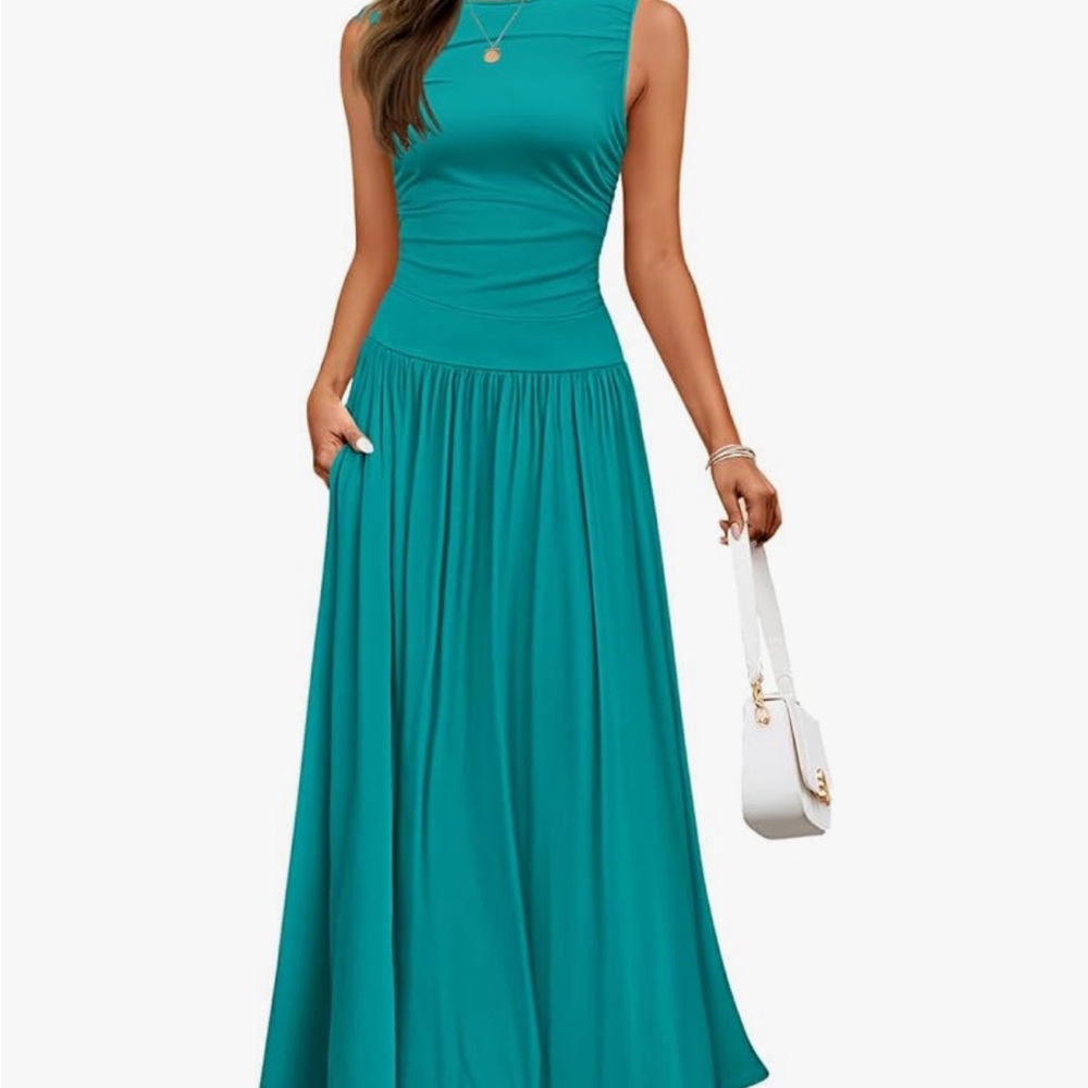 Elegant Teal Sleeveless Drop Waist Maxi Dress